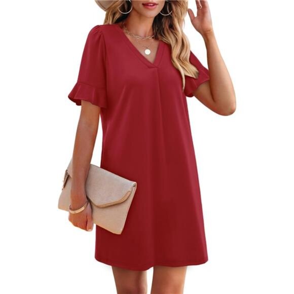 Women's Ruffle Sleeve Dress - V-Neck Summer Shift Dress with Pockets - Picture 4 of 6